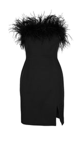 TRÄGERLOSES MINIKLEID MIT FEDERN IN SCHWARZ
